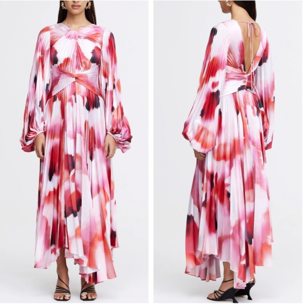 NEW Acler Dalliey Midi Long Sleeves Dress AU8/US4 Red Pink Abstract Floral Blush - Picture 1 of 12